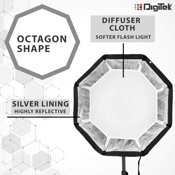 DIGITEK® (DSBH-055) 55cm Octa Soft Box Kit with S2 Type Bracket, 2 White Diffuser, Silver Particle Baffle & Collapsible Nylon Cover, Compatible with All Speedlights (Carry Case Included) - Image 4